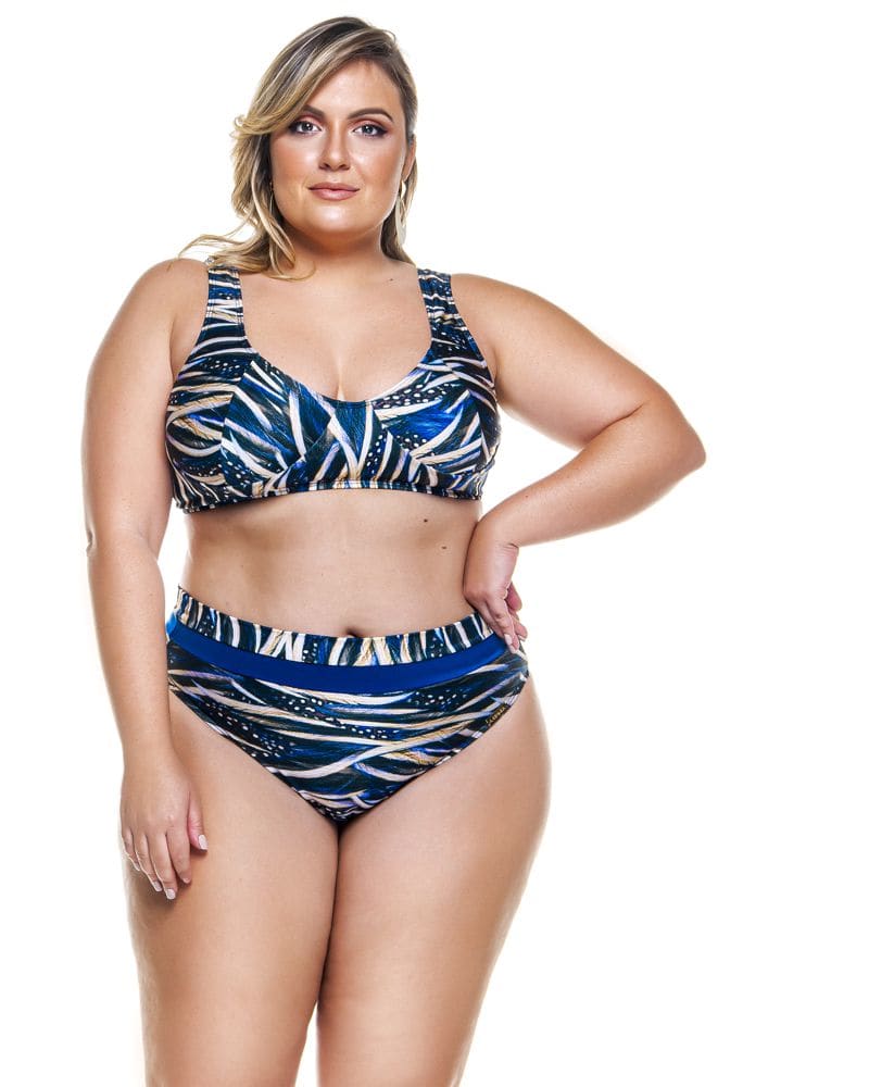 Front of a model wearing a size 22 Bottom Sunkini In 2 Colors in Blue Feathers & Navy by Lehona. | dia_product_style_image_id:267441